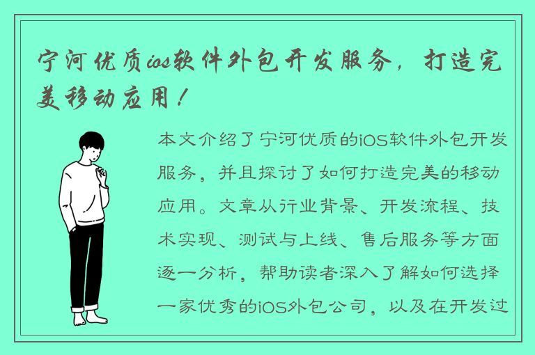 宁河优质ios软件外包开发服务，打造完美移动应用！