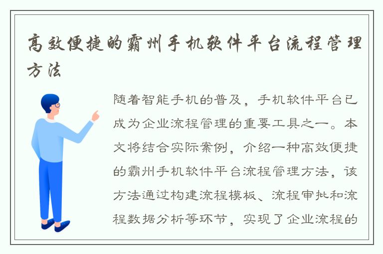 高效便捷的霸州手机软件平台流程管理方法