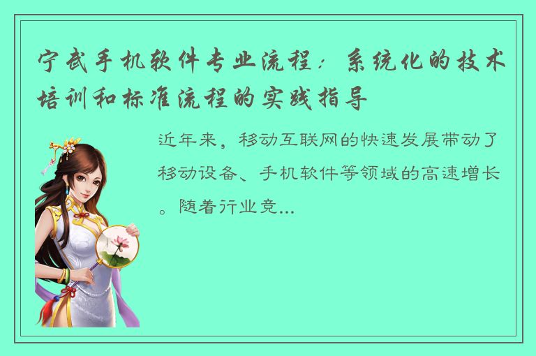 宁武手机软件专业流程：系统化的技术培训和标准流程的实践指导